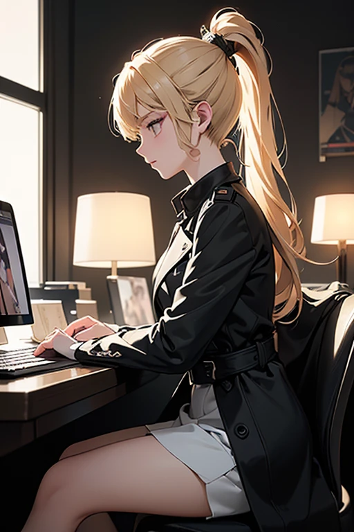 (masterpiece:1.2), Best Quality, (illustration:1.2), (ultra detailed), hyper details, (delicate detailed), (intricate details), (cinematic light, Best Quality Backlights), Delete line, soloist, perfect body, (1 girl), against a plain backdrop, sitting in an office chair, side profile, ((anime graphic novel style)) full body, character design, beautifull blonde woman, long hair, ponytail, bangs , 3, with black trench coat, big eyes, gloomy and eerie, volumetric light, (make up), high contrast, (better lighting, an extremely created and beautiful), (cinematic light), showy,