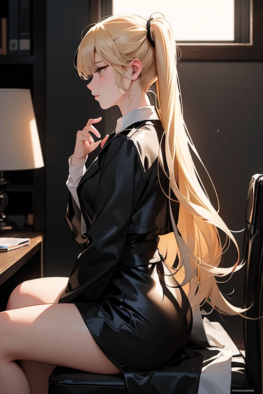 (masterpiece:1.2), Best Quality, (illustration:1.2), (ultra detailed), hyper details, (delicate detailed), (intricate details), (cinematic light, Best Quality Backlights), Delete line, soloist, perfect body, (1 girl), against a plain backdrop, sitting in an office chair, side profile, ((anime graphic novel style)) full body, character design, beautifull blonde woman, long hair, ponytail, bangs , 3, with black trench coat, big eyes, gloomy and eerie, volumetric light, (make up), high contrast, (better lighting, an extremely created and beautiful), (cinematic light), showy,