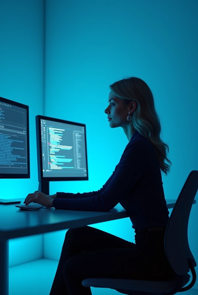 Il y a une femme assis à un bureau avec deux écrans d&#39;ordinateur., éclairage bleu et , Post-production 8k, Post-production 8K, Éclairage bleu , Post-production 8k, Post-production 8K, composition, Cyberpunk Clay, avec éclairage cinéma, éclairage aux couleurs cinématographiques, Rendu 3D 8K tir, Portrait pris en 8K avec le logo de "Twistreamv en bleu "
