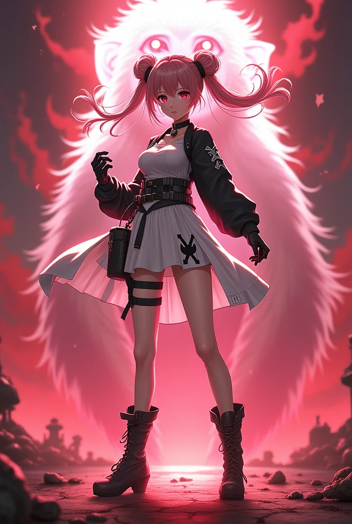 Anime Style White miniskirt dress with black boots、Full image of a girl in combat gear with pink eyes、Monkey Background、Ghost of a monkeyのオーラが背景、Pink eyes and twin bun hair、A beautiful girl in a white one-piece dress and combat gear is surrounded by a red monkey aura in the background.、Full image of the girl、Smaller breasts、Ghost of a monkey、Ghost of a monkey、Flame Background、Fighting girl pose so that the entire image fits within the frame。