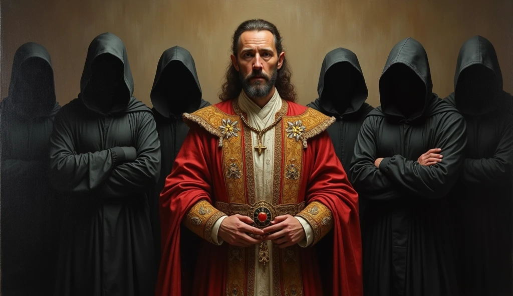 oil painting, monarch of the Enlightenment, Men in dark robes and shadowy faces