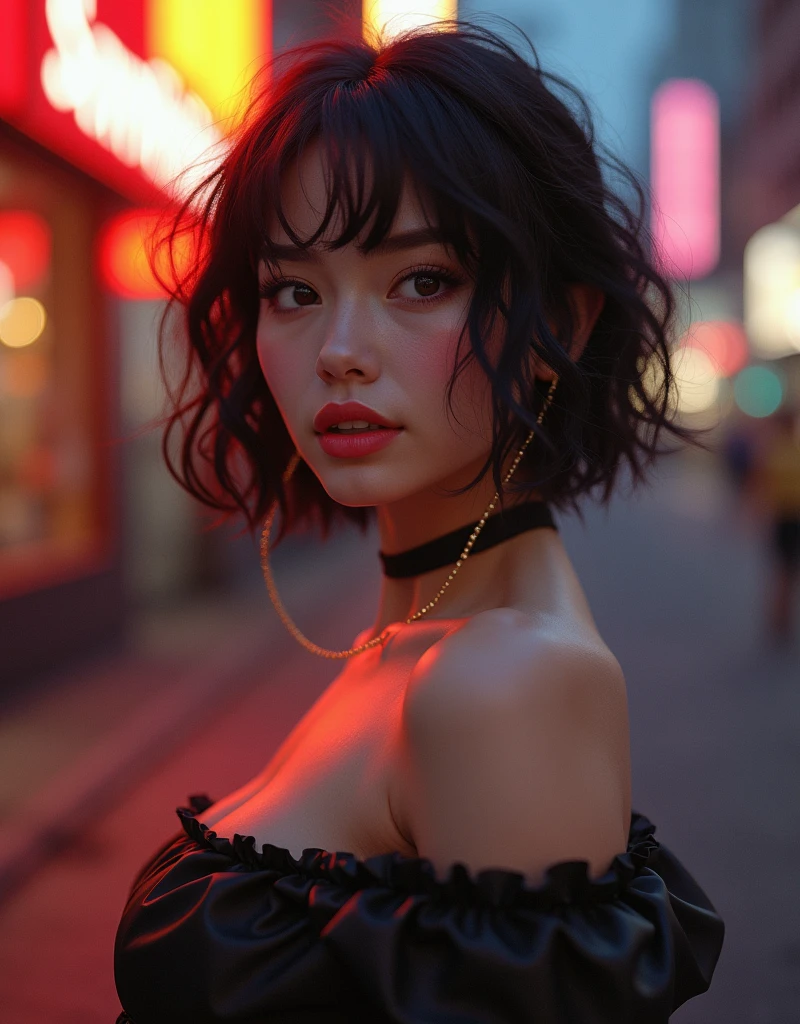 photorealistic Realism 8K, 16K Quality, (ultra absurd quality, extremely detailed detail, hyper resolution, clear sharp focus, not blurry, Realistic brown_eyes:1.35), Asian (perfect dark_eyeshadows), (super Detailed, beautiful little nose), (perfect composition), Depth of field, cinematic light, Lens flare, (extremely beautiful face, beautiful lips , Beautiful eyes), Intricate detail face, best high quality real texture skin:1.3, A woman with velvety skin:1.33),perfect dynamic composition,beauty(mixed girl),(jessica alba:0.25),(Ariana Grande:0.8) in of a (1girl:1.3 22-year-old), (Fujicolor,daytime soft lighting)fashion supermodel, (best high quality real texture skin), (Highly quality texture hair)), (short curly hair((slicked to the two side), Intricately detailed:1.35)), (perfect proportions), (anatomically correct), (perfect female body), firm normal full breasts,slim face,beautiful cheekbones, (Super beautiful face)(realistic face), BREAK, lips(red_lipstick), (pink_makeup), Wear an off-the-shoulder top,full bodyesbian, ((Intricately detailed pleated modest leather BDSM costume)), dynamic pose, ((shot above the knee))), look at the viewer, (Erotic), (city), (neon sign), walking, On the street
