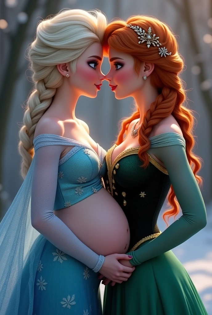 A stunning portrait of Elsa and her sister Anna touching each others breasts, kissing, French kissing, tongues touching, they are kissing, young and beautiful, hyper realistic, real portrait, backlit, exquisite features, cleavage, Elsa is showing her vagina to Anna and asking her to lick her vagina, she is inserting his fingers in her vagina under her skirt, she is fingering her, Elsa is pregnant, Anna is taller than Elsa, Anna is touching Elsa’s pregnant stomach, Anna has red hair,