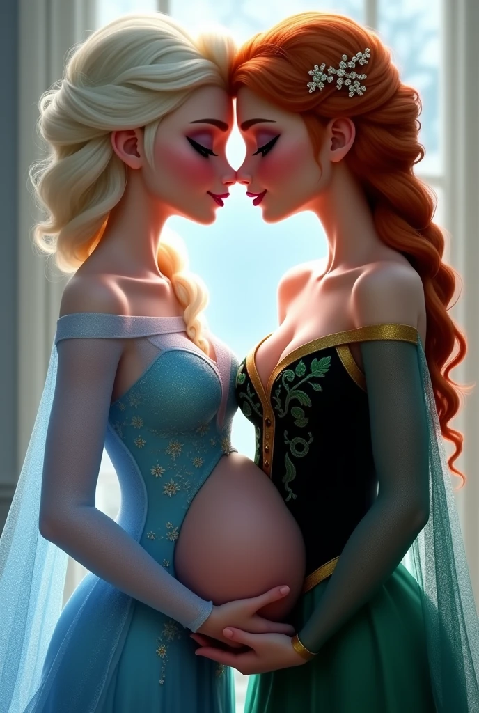 A stunning portrait of Elsa and her sister Anna touching each others breasts, kissing, French kissing, tongues touching, they are kissing, young and beautiful, hyper realistic, real portrait, backlit, exquisite features, cleavage, Elsa is showing her vagina to Anna and asking her to lick her vagina, she is inserting his fingers in her vagina under her skirt, she is fingering her, Elsa is pregnant, Anna is taller than Elsa, Anna is touching Elsa’s pregnant stomach, Anna has red hair,