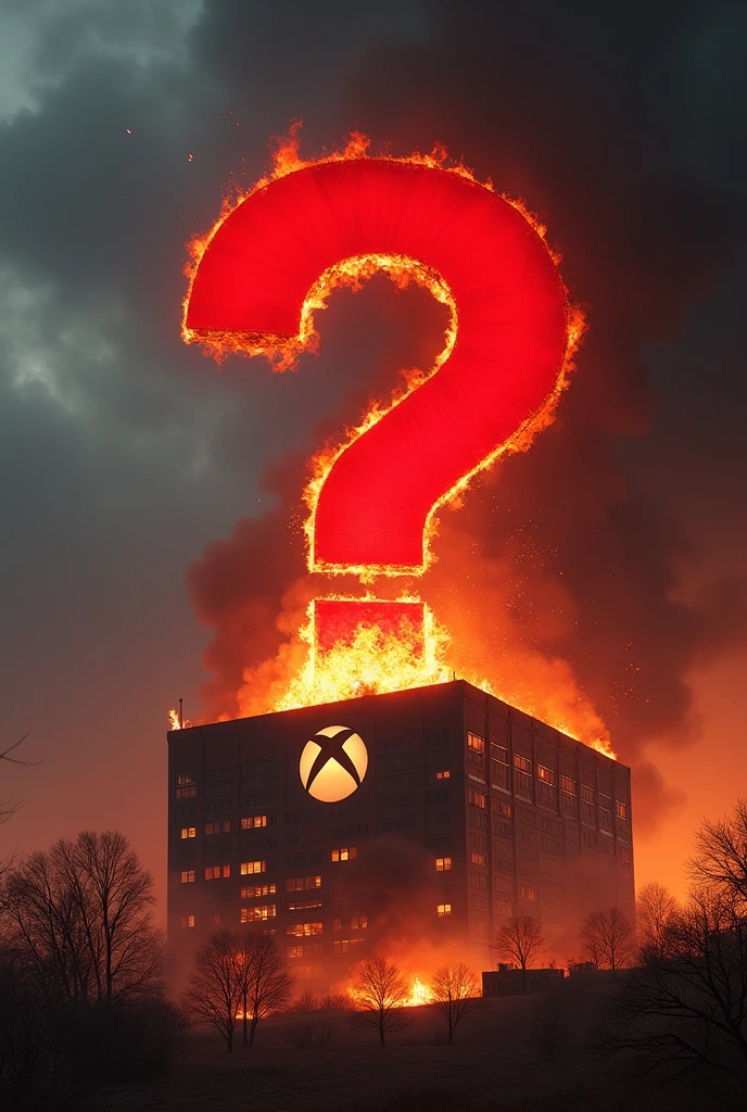 Image of Xbox headquarters on fire. Doom and gloom atmosphere. Add a nice red question mark in the center of the image with the size almost as big as the Xbox building. Make sure the question mark doesn't cover the Xbox logo on the building