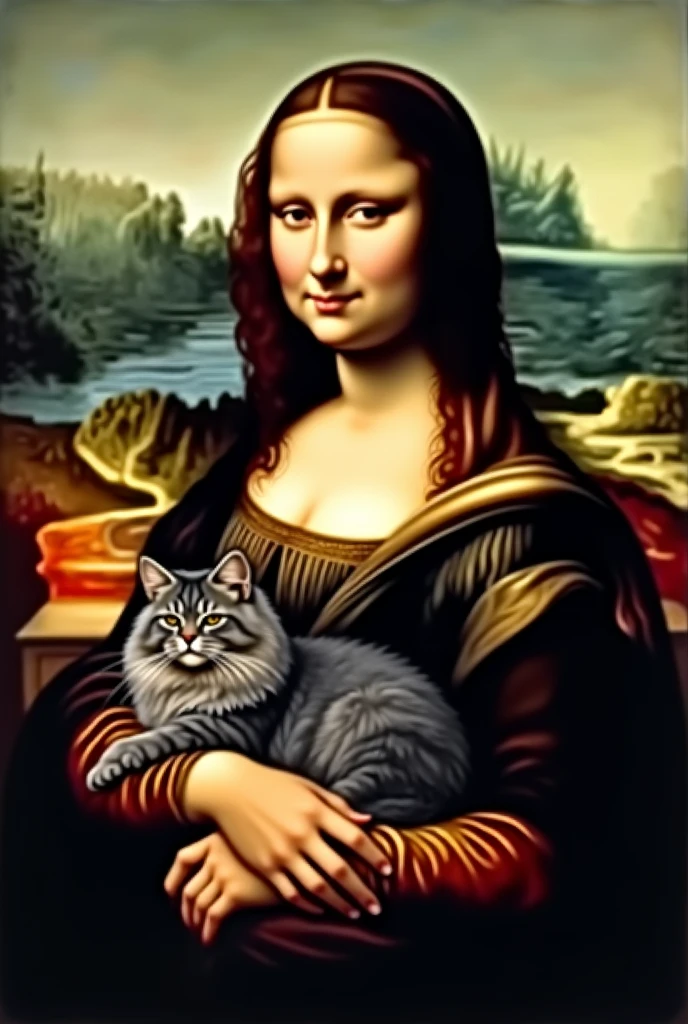 Mona Lisa, with long haired gray tabby cat, black and brown on the lap
