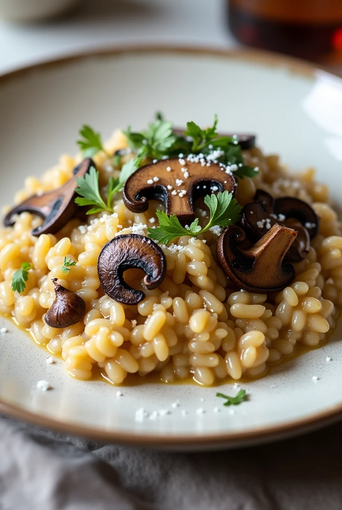 Photo of a plate with the following meal: 
Wild Mushroom Risotto