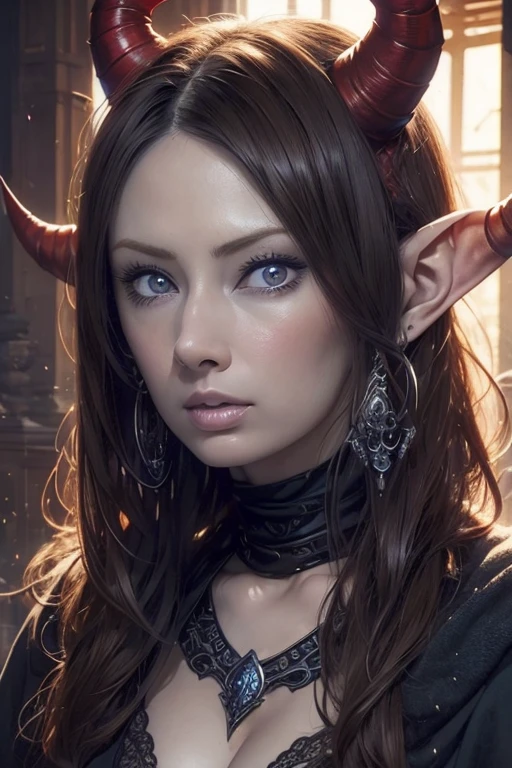 arafed woman with horns and tattoos laying on a bed, artgerm julie bell beeple, alluring tiefling druid, attractive tiefling druid, tiefling, charlie bowater rich deep colors, hyperrealistic fantasy art, hyperrealistic d & d fantasy art, tom bagshaw donato giancola, alena aenami and artgerm