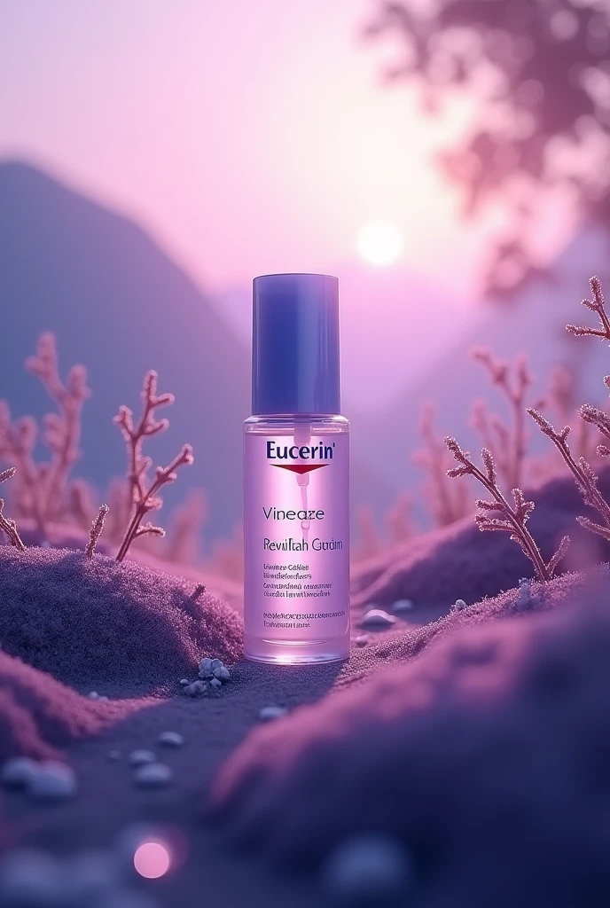 Eucerin brand serum in nature with a radiant purple light