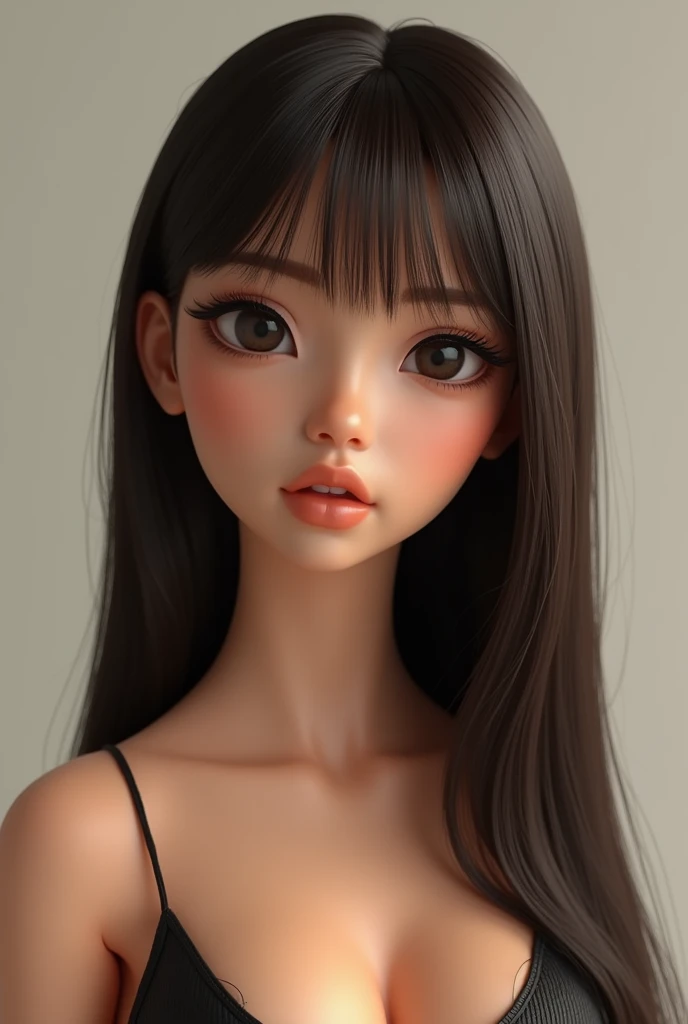 make a black doll with straight hair, slightly stretched eyes, I want a brunette doll, make her whole