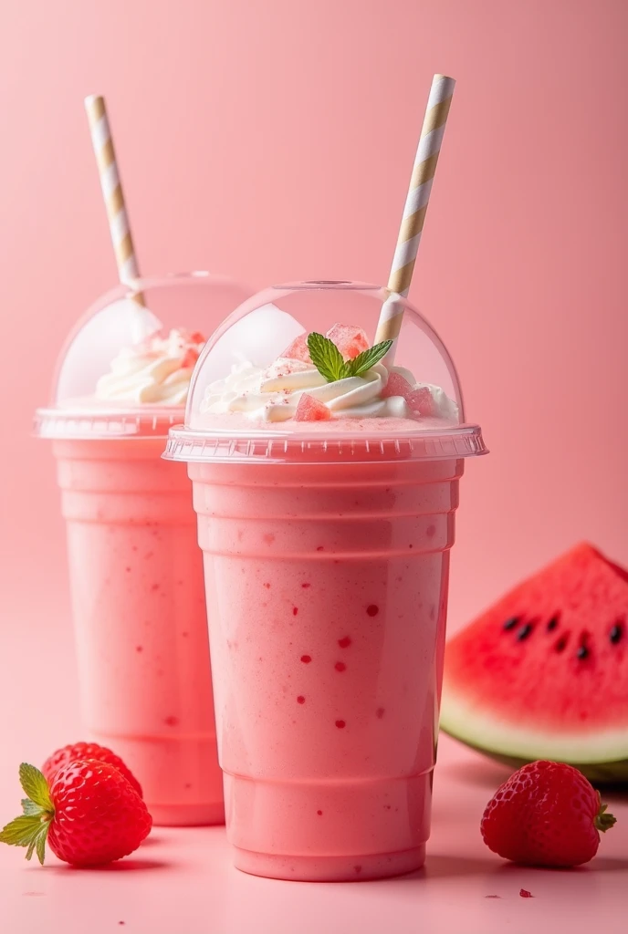 Watermelon milkshake menu of dome top plastic transparent cups 