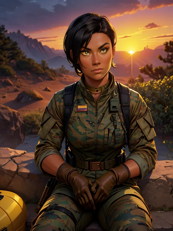 (26 year old:1.3), (tanned bronze skin:1.4), (Yellow colored eyes:1.4), (Short Black Hair:1.3), (Wearing: USA marine corps uniform, camouflage military uniform, armor and gloves), army girl, soldier girl, infantry girl, (sunset :1.2),(Sitting with hands holding a rifle:1), (Calm expression), looking at viewer, color connection, colorized, vibrant color scheme, colorful, spot color, cinematography, hyperdetailed, beautiful face, 4k, HD, artstation trending on artstation,
