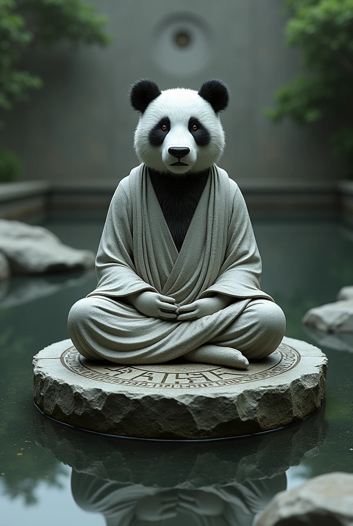 Une statue de pierre avec une tête de pandas et un long corps, avec les yeux fermés, sourcils épais, cheveux épais, Porter une robe taoïste, assis les jambes croisées sur une dalle de pierre Bagua en méditation avec au sol de l’eau