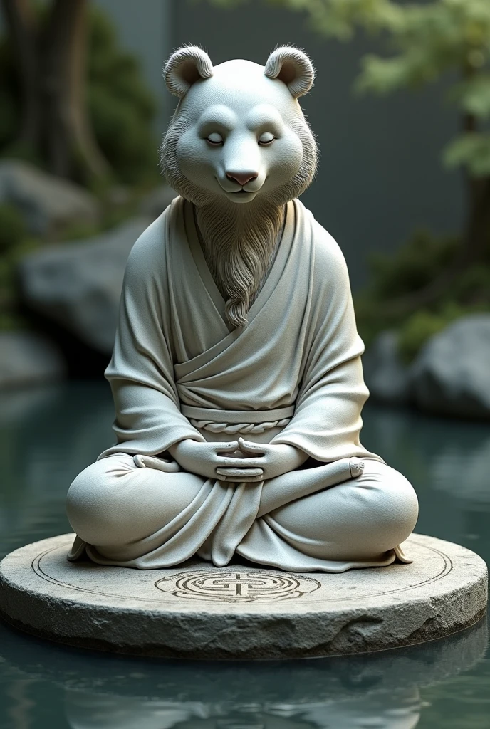 Une statue de pierre avec une tête de pandas et un long corps, avec les yeux fermés, sourcils épais, cheveux épais, Porter une robe taoïste, assis les jambes croisées sur une dalle de pierre Bagua en méditation avec au sol de l’eau
