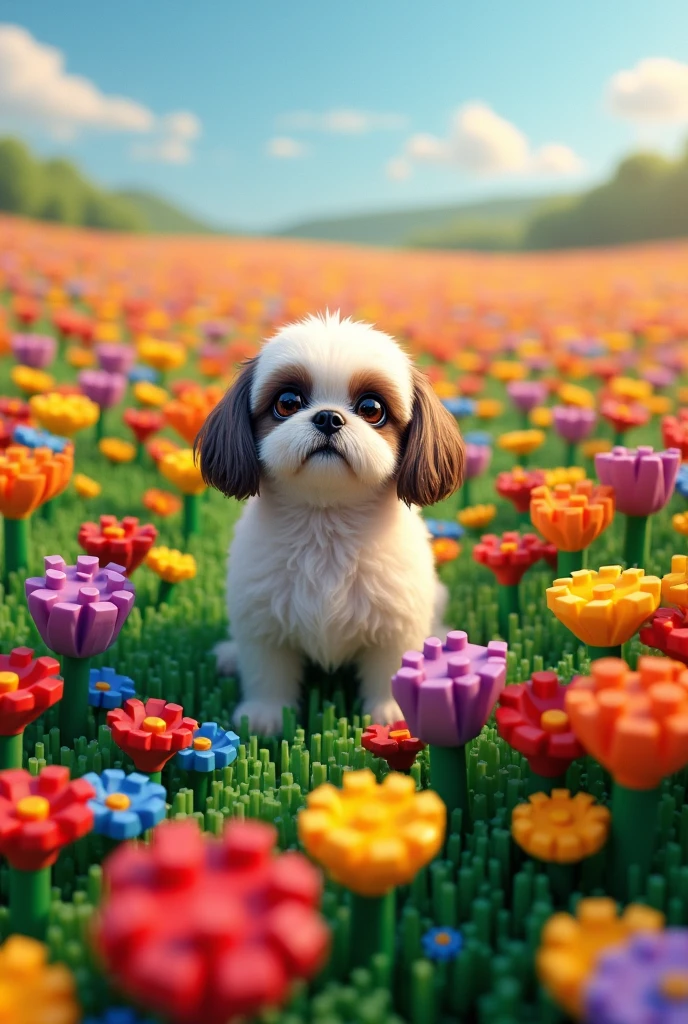 Field full of lots of flowers seen from above and far away full of lego-type wild flowers with a shitzu dog looking up