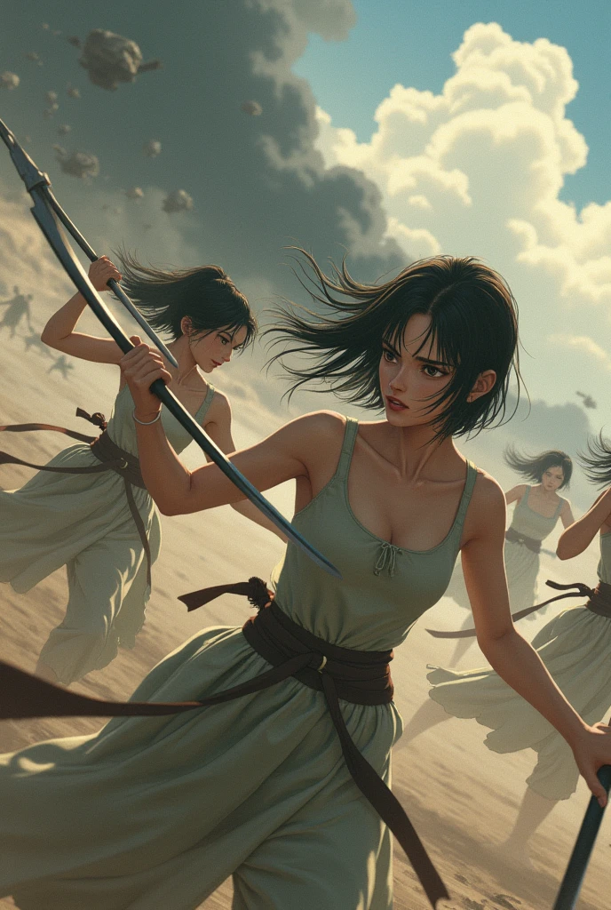Ghibli style Women fighting in war camisole