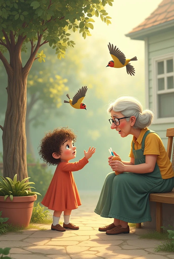 A little baby girl hits birds while her grandma is watching
