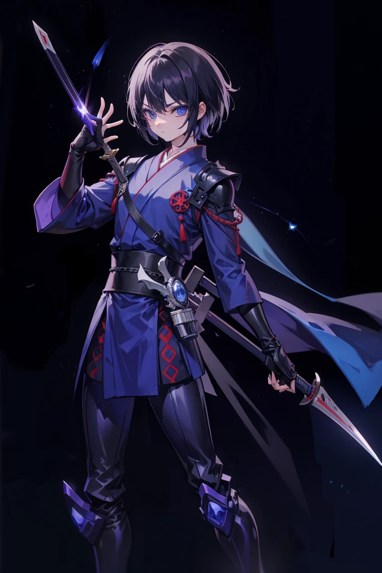1people,male,Japanese clothing,knife,Ultra short hair,Black Hair,Azure-blue eyes,Long Sword,night,firefly,Purple aura