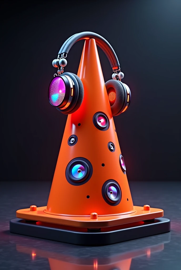small traffic cone with dj headphones and speakers behind 