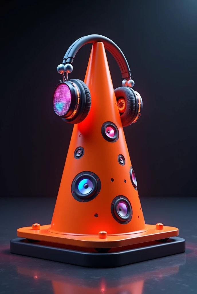 small traffic cone with dj headphones and speakers behind 