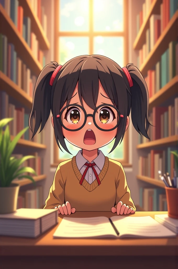 Nerd-style girl inside a school library with an extremely surprised face. Anime Nerd Style 