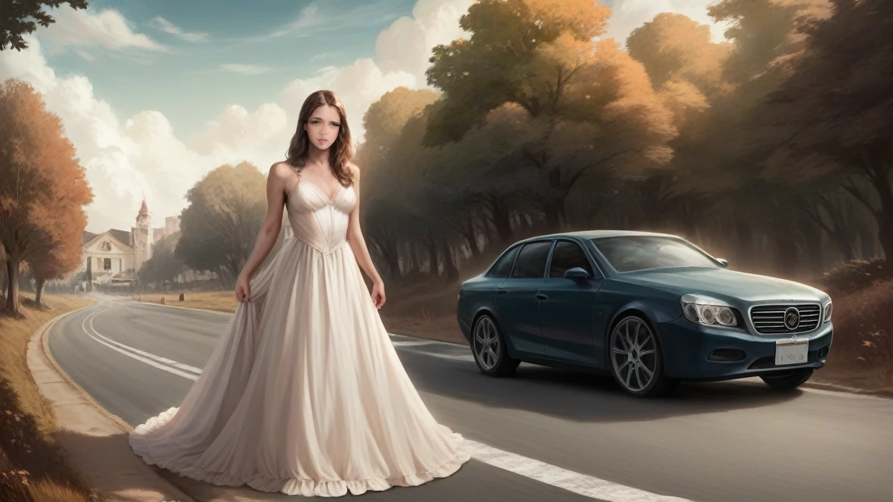 beautiful college girl, detailed face, beautiful detailed eyes, long eyelashes, beautiful detailed lips, elegant dress, standing by the roadside, waiting for a taxi, large tree, two-story house with big gate in the background, detailed landscape, cinematic lighting, warm color tones, golden hour, cinematic composition, (best quality,4k,8k,highres,masterpiece:1.2),ultra-detailed,(realistic,photorealistic,photo-realistic:1.37)