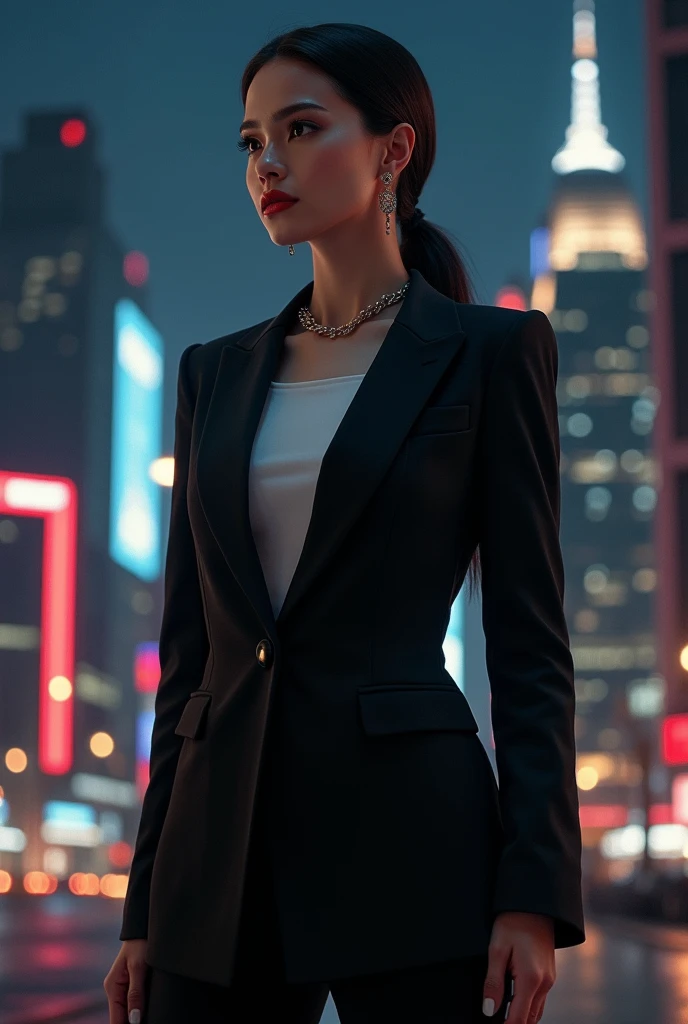 

"A cinematic hyperrealistic posterized version of beautiful lady women with black suit sharp nailed full body white inner shirt  night city background movie title at above wrote GAMPANG the movie 