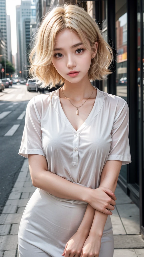 Curly Bob Hairstyle, Platinum blonde haired woman in orange collared shirt posing for photo in the city, 8k artgerm bokeh, Well-proportioned body, Beautiful Korean woman, Gorgeous necklace, Young beautiful Korean woman, Soft portrait shots 8 k, Korean Girl, Narrow eyes, Beautiful grey eyes, Chen 8K, Cute young woman, Korean woman, Beautiful blonde girl