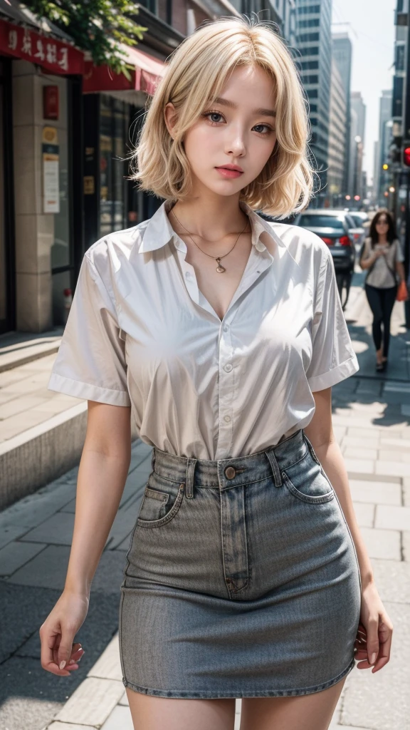 Curly Bob Hairstyle, Platinum blonde haired woman in orange collared shirt posing for photo in the city, 8k artgerm bokeh, Well-proportioned body, Beautiful Korean woman, Gorgeous necklace, Young beautiful Korean woman, Soft portrait shots 8 k, Korean Girl, Narrow eyes, Beautiful grey eyes, Chen 8K, Cute young woman, Korean woman, Beautiful blonde girl