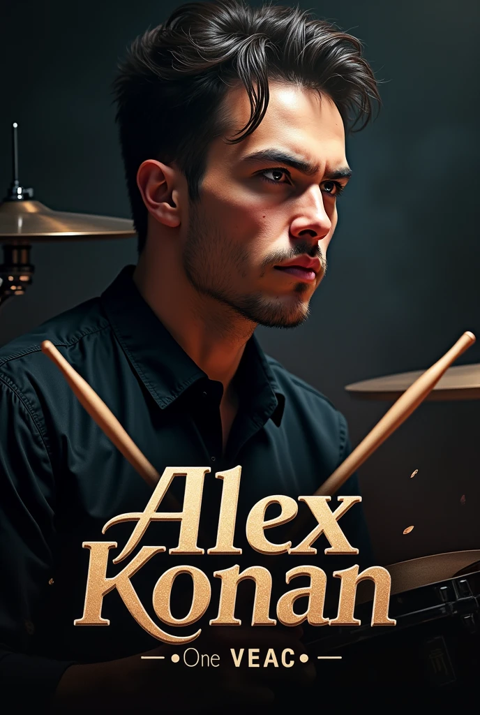Hyper realistic logo for drummer with the name ALEX KONAN