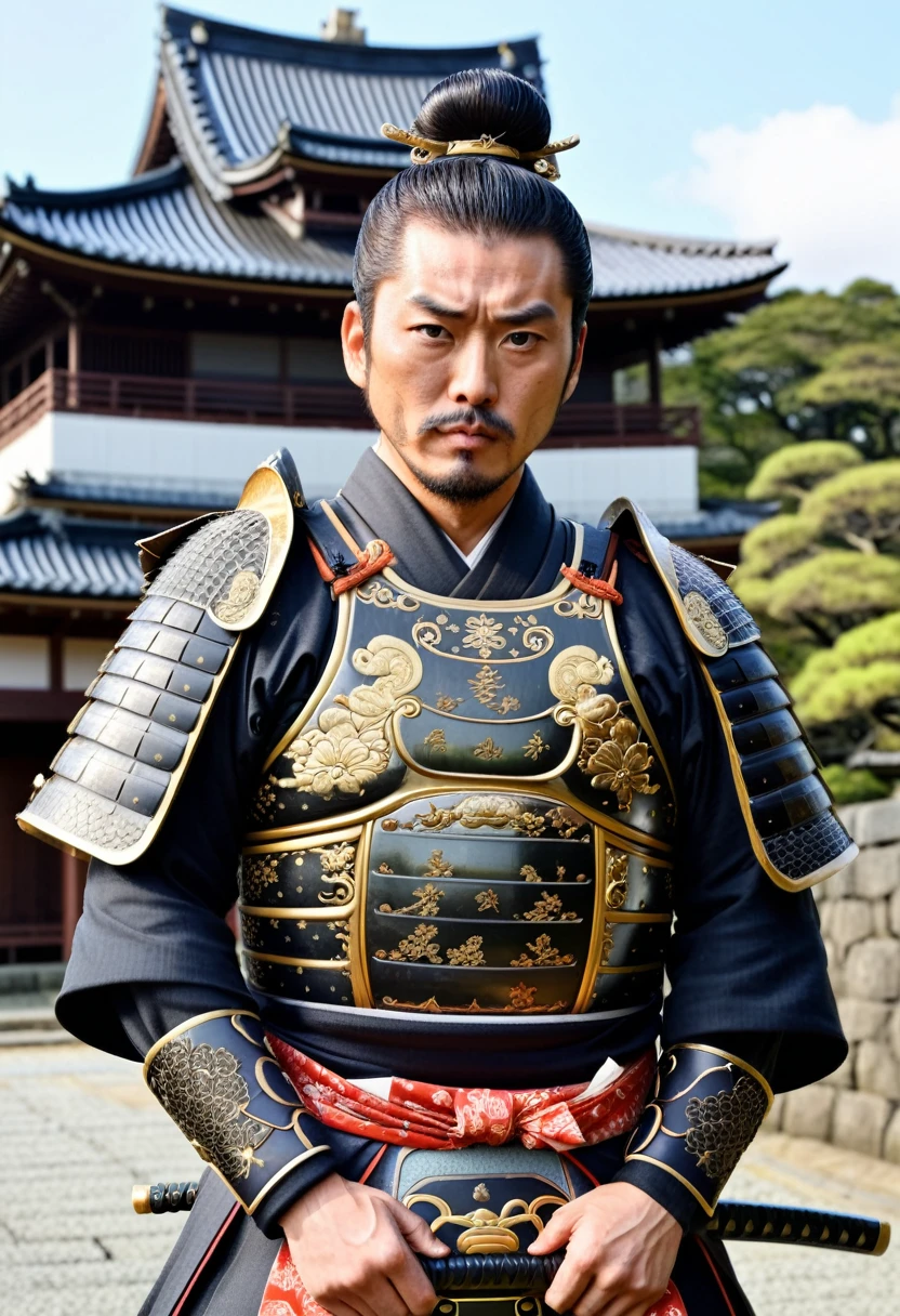 Dressed in traditional samurai armor with intricate designs、Famous Japanese Historical Figures、Detailed images of Toyotomi Hideyoshi、He has a bun and a stern expression.、Has an intimidating presence。The background is a traditional Japanese castle、There are many vassals