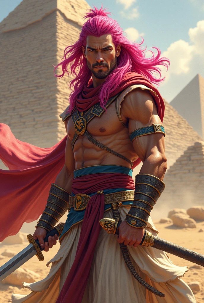 Recreate this photo, only that the character becomes a man, half egyptian, pink hair, with a sword in a uniform from an Egyptian martial arts academy, in the place written SHADES put SLIFERGOD. In the background of the image place pyramids.