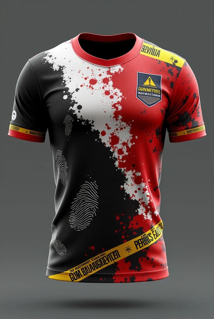 Forensic theme jersey design for forensic week/event
Smaller Fingerprint ridges, red blood splatter, tyre marks, tape on shirt
Black, red, yellow, white on shirt
