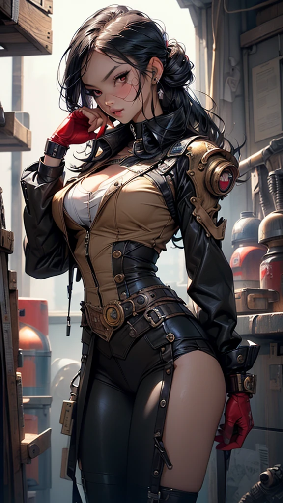 Steampunk Girl,(((One person))),((Steampunk suitを着た美しい少女)),
(Large Breasts:1.4),Saggy breasts,((((Updo,Long Hime Cut,Black Hair,Black Hair,colored inner hair)))),(((red_eye:1.3))),Complex eye,beautiful detailed eye,symmetrical eye,((Fat)),(((Shiny skin:1.5,Light Skin: 1.5,Sunburned skin,Glowing Skin,very Glowing Skin,Shiny body,Plastic Glitter Skin,exaggerated Glowing Skin,Glowing Skin,Wet legs))),(Spider's underbelly,Tight waist,Wide Hips,Thick thighs,Detailed body,(Detailed face)),
cute,Lewd,Fascinating,erotic,(((Browsing Caution))),
Revealing clothing,Show some skin,((Underbust:1.5)),(Cleavage),((Steampunk suit, red steampunk suit,半袖Steampunk suit)),(wearing a Steampunk suit:1.3,Steampunk suitの服),((Zipper Suit, Zipper slightly open))),((Wet clothes,Complex outfit,Complex clothes)),
(Dynamic pose:1.0),Focus Only,Embarrassing,(centered,Scale to fit dimensions,Three-part method),
internal,indoor,((Cozy steampunk room)),scenery:1.25,((Complex scenery)),((Steampunk décor)),
(光沢のあるSteampunk décor品),High resolution,Sharp focus,(Super detailed,Very detailed),(Photorealistic artwork:1.37),(Very detailed CG unity 8k wallpaper),(((Vibrant colors,Vibrant Themes))),(Complex),(masterpiece),(Highest quality),Artistic photography,(Photography by sldr),(Complex background),perfect rendered face,Perfect facial details,Realistic Face,Photorealistic,((Complex detail)),(((realism))),
A lot of missiles、bomb、robot、cyborg、Gundam、armor、顔半分robot、shoulder machinery、A large number of weapons、