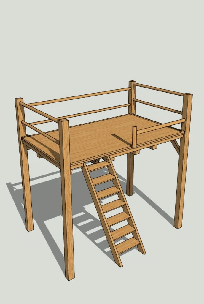 1. **General Structure:**
- **chap:** Mezzanine bed with a mini office underneath. The bed is suspended at the top and the space underneath can be used as a mini office..
- **Dimensions:** The bed measures 2 meters long by 1 meter wide. The total height of the structure is 2 meters, being that the bed is raised to 1,8 meters from the ground, leaving a space of 1,8 meters of useful height below the bed.
2. **Vertical beams:**
- **amount:** 4 vertical beams at the four corners of the structure.
- **Dimensions:** Cada viga tem 2 metros de altura e uma seção transversal de 10 por 10 centimeters.
- **function:** These beams serve as the main support of the structure., raising the bed and keeping it stable.
3. **Vigas Horizontais e platform:**
- **Side beams:** 2 vigas horizontais principais de 2 metros de comprimento e 10 por 10 centimeters de seção, positioned on the sides of the bed.
- **Travessas do platform:** 4 travessas de 1 metro de comprimento e 10 por 10 centimeters de seção, equally spaced to support the decking slats.
- **platform:** The platform slats are placed on the crossbars, supporting the mattress.
4. **ladder:**
- **Positioning:** The staircase is located at the front of the structure, aligned with one of the corners of the bed.
- **format:** The staircase is inclined, fixed to the vertical beams. Each step is securely fastened to the frame.
- **Dimensions dos Degraus:** The steps have a width corresponding to the cross-section of the beam (10 centimeters) and are spaced in a way that facilitates safe access to the bed.
5. **handrails e Detalhes de Segurança:**
- **handrail:** The image shows a handrail around the bed, providing security. The handrail must be high enough to prevent falls..
- **fixing:** The beams and crossbars are fixed using screws or another robust method to ensure stability..
6. **Mini Office:**
- **Useful Space:** The area below the bed can be used