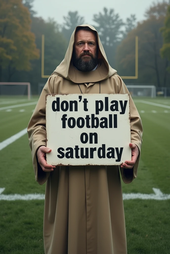 Create a picture of a religious person behind a football field with a sign and write on the sign: don’t play football on Saturday 