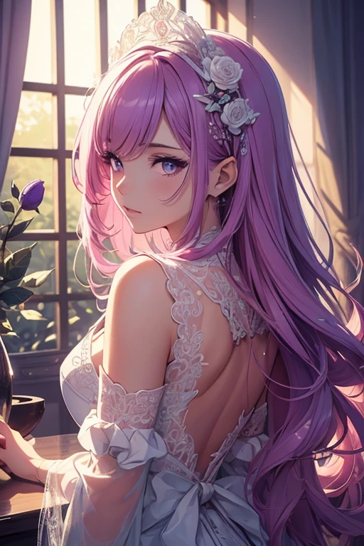 (masterpiece:1.2), Best Quality, (illustration:1.2), (ultra detailed), hyper details, (delicate detailed), (intricate details), (cinematic light, Best Quality Backlights), Delete line, soloist, perfect body, (1 girl), stylized artwork, purple and pink theme, girl, Purple long hair, white empty eyes, pink top, pink roses, see through skeleton overlay, foliage, leaves, Watercolor splash, (make up), high contrast, (better lighting, an extremely created and beautiful), (cinematic light), showy,