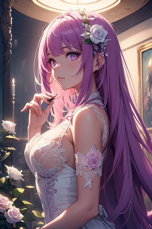 Huge bust of the beautiful aristocratic maiden,Light purple hair elegantly curled,purple light eyes,The hair is covered with a beautiful and delicate floral craftsmanship,ultra-detailed details, Magic light, In the Deep forest, naked, Starry sky, Midnight, wet by rain, wet body, sensual white dress, Colorful