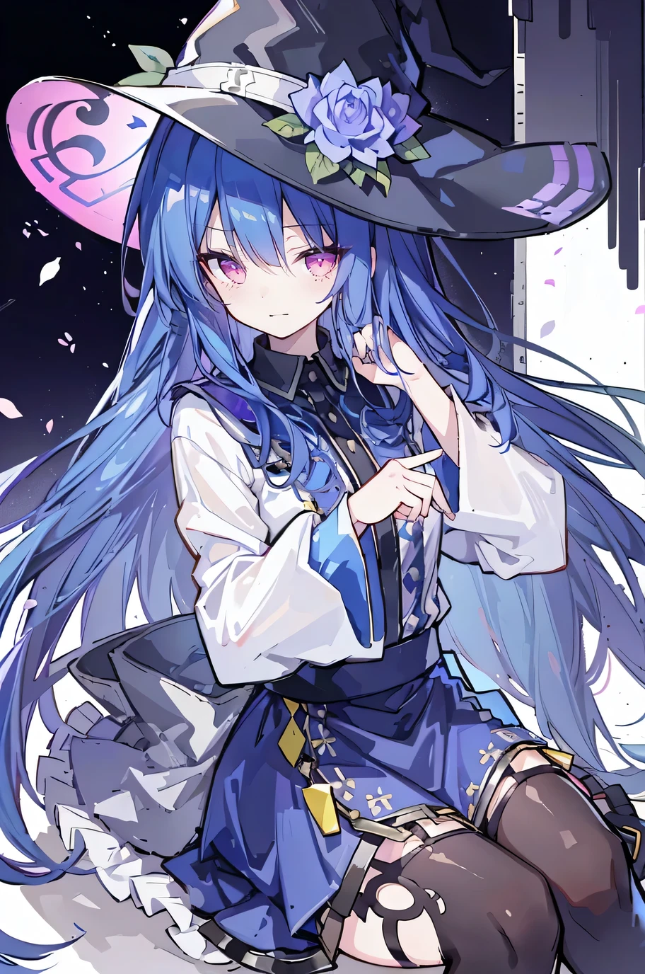 oung Girls,Humanity,A magician always smiles,big witch hat,cute,dark blue long hair,The eyes are dull,The bangs are heavy,Thin eyebrows,fantasy,intake,Double teeth,Star Theme,Constellation pattern,Solid color clothetal decoration,cloak,A bit of a dark atmosphere,A little crazy smile,When the big moon shines outside at night,blood,Hair black star embellishment,Short tie,No nails,High waist skirt,Bell sleeves,Long-sleeved shirt,Black tie,low risk,gentlemen。Mist、Yellow and white effect,Shocking pink as an accent color,(Masterpiece:1.2),Ultra-detailed,lifelike,The eyes are expressive,Fair skin,Perfect face shape,1 girl,Japanese Manga,Gorgeous blue hair,Flowing blue hair,Flowing clothes,Cat ears,Petals falling,Shy face,sitting on window,Place your hand on your lips,masterpiece, absurdres, novel cover, cover illustration, 1girl, solo, dark blue-haired ponytail, mage robes, flower background, clock background, monochrome, line drawing,only two hands ,only two legs,Sexy sitting position。