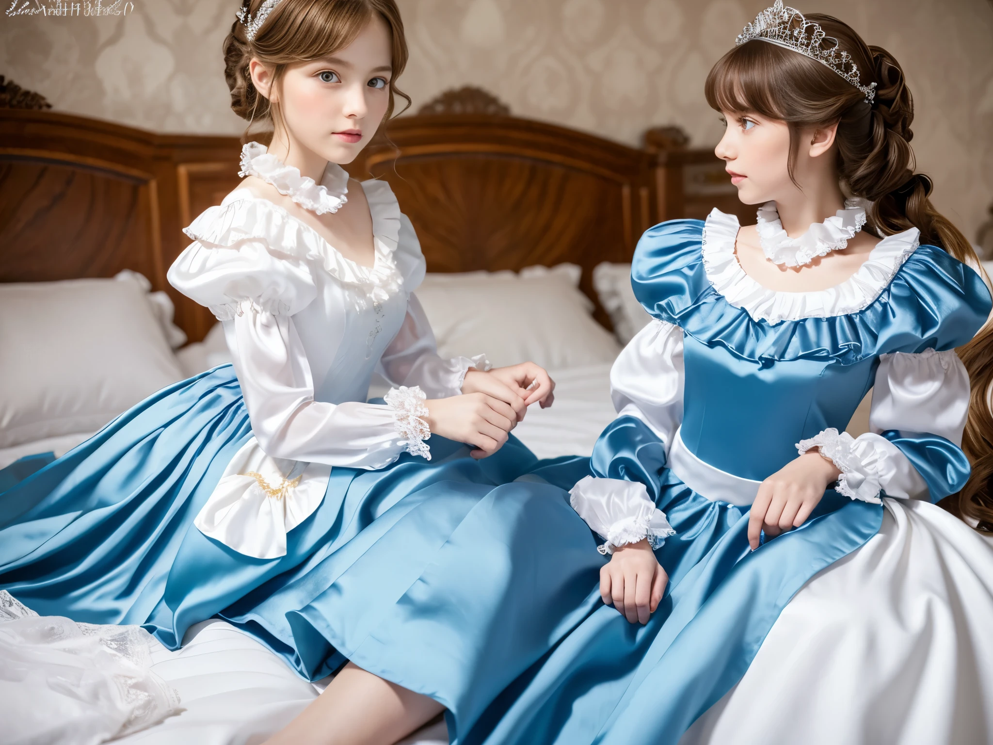 ,highest quality, masterpiece, highest resolution, artwork, super それにget used to it, many get used to it, get used to it, それにget used to it, 3k realistic pictures,,((10 year old little girls)),Ultra-detailed juvenile face,three are princesses,full length ball gown dress with hoop skirt,ruffled yoke collar,puff sleeves,long sleeve,((Lolita style detailed princess satin dress with lots of ruffles and ribbons)),Rococo style lolita fashion,shiny satin dress,Soft and smooth fabric,luxury,long blonde hair,blue eyes,white skin european,Pajama,((in the bedroom)),luxury princess canopy frilled bed,super detailed silk satin bed,lot of frilled pilliwslying on the bed,High-quality background,