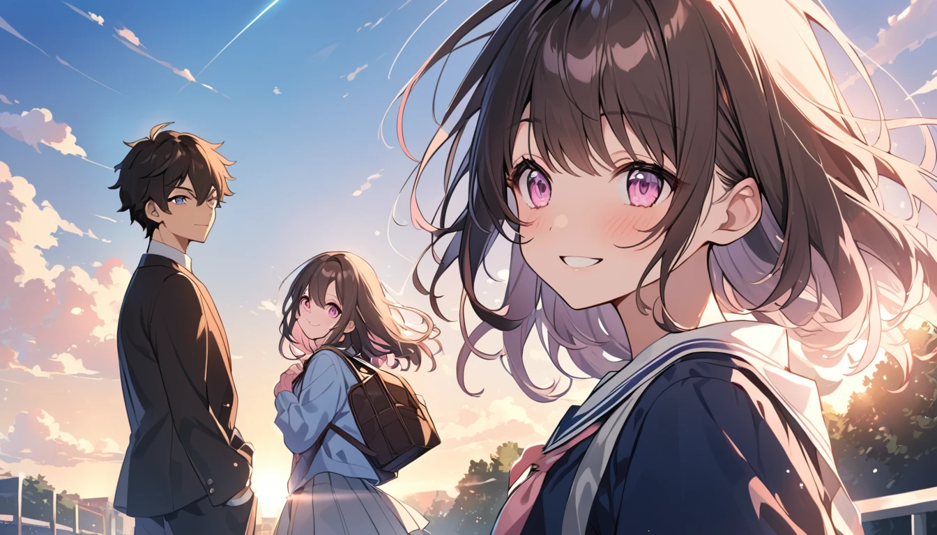 high school student,1 male,1 female,Medium Hair, Dark brown hair, Pink highlights on the tip, Pale pink eyes,Smile Facial,Blue Sky Morning,Light of the sun,seihuku,Going to school