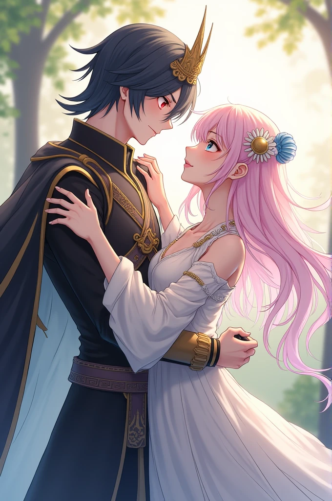 Sangonomiya Kokomi and Cyno stand close, their usual stoic and serene expressions softened by the warmth of newfound love. Kokomi’s ethereal beauty is heightened by the gentle sparkle in her soft blue eyes, which now carry a tender affection as she gazes at Cyno. Her pastel pink hair flows gently, swaying as if drawn towards him, and her regal outfit, adorned with delicate oceanic motifs, seems to glow with softer, more pastel colors, reflecting the tenderness of her feelings. She stands angled towards Cyno, one hand delicately resting on his arm while the other holds a small seashell, a personal gift, as a subtle smile graces her lips.

Cyno, usually intense and stoic, now wears a rare, gentle smile as his deep crimson eyes convey a newfound warmth. His posture, typically strong and commanding, is now relaxed and protective as he stands close to Kokomi, one arm wrapped around her waist in a tender embrace. His other hand gently holds hers, their connection evident in the way they touch. The warrior-like elements of his attire are softened, the golden accents glowing with the warmth of his emotions. His cape drapes gently around Kokomi, symbolizing his desire to protect and cherish her, while his headpiece is tilted slightly back, revealing more of his face and the vulnerability he shows only to her. Together, they create a striking image of two powerful individuals finding a deep, emotional connection, their love subtly transforming their once independent and strong appearances into a harmonious blend of strength and tenderness.