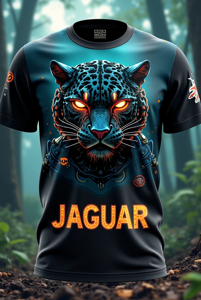 Make me a 3d design shirt front and back team name is jaguar Put the number horizontal and make the jaguar a cyborg and make a forest more realistic and put some patches on the ey of the jaguar