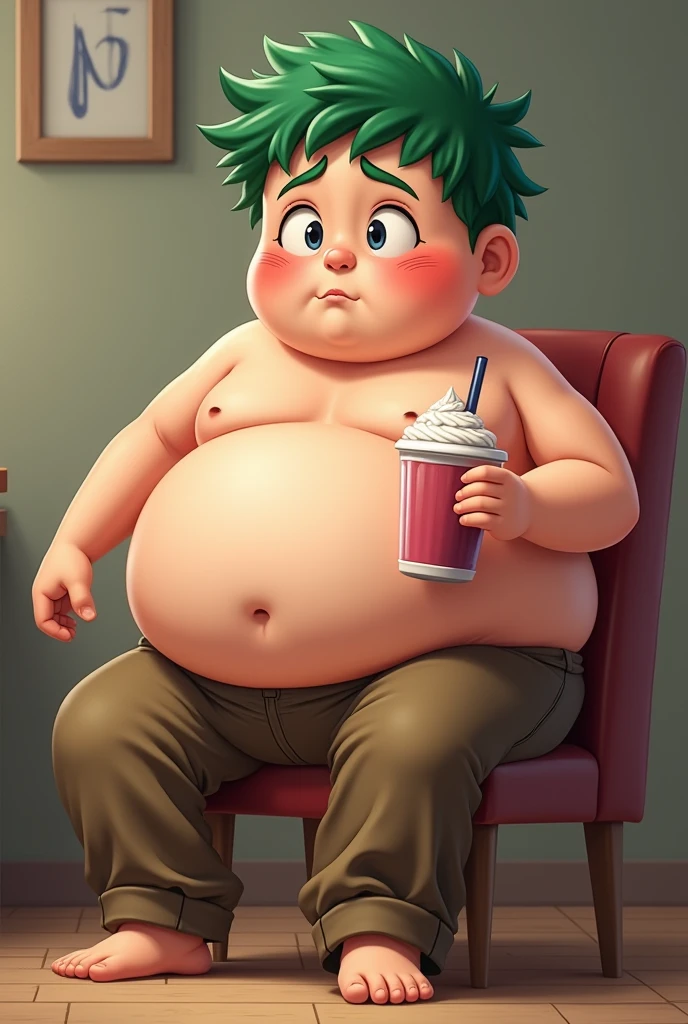 1 boy, (male child), 10 year old, green hair color, shirtless, brown trousers, overweight, chubby, (paunch exposed), (large belly significantly hanging over the waistband), (full blushed), sit down on a chair, belly heavily resting on the thigh, embarrassed, holding a milkshake
