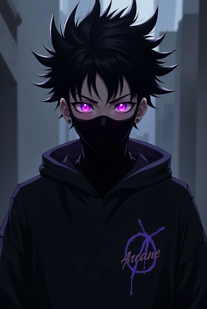 create for me a 2d anime character but a little realistic , with black hair standing on end , purple evil eyes illuminated , black mask covering the nose and mouth , he has a black sweatshirt that says arcane , emphasizing the evil in the look , but bringing a conflict between good and evil.
