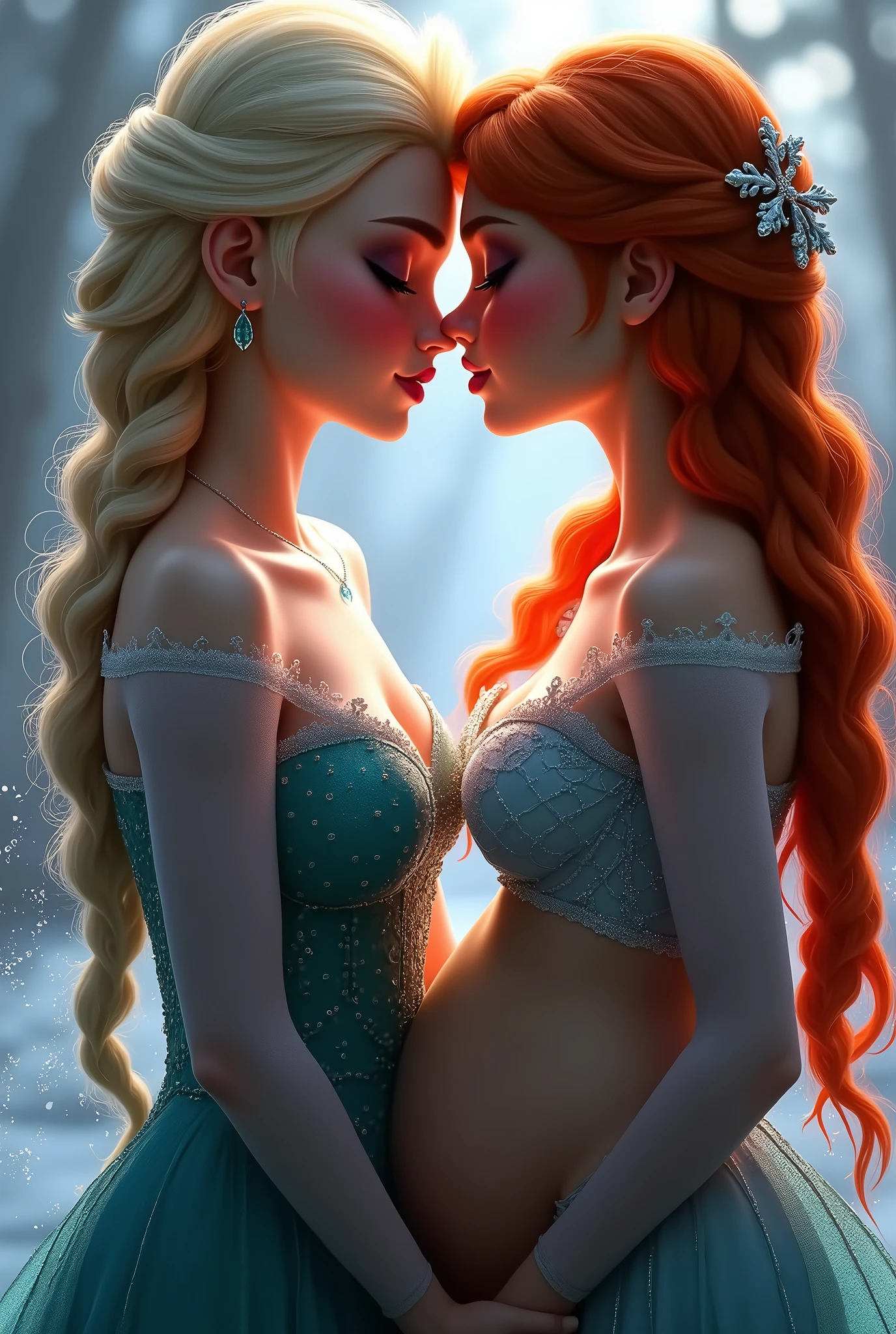 A stunning portrait of Elsa and her sister Anna touching each others breasts, kissing, French kissing, tongues touching, they are kissing, young and beautiful, hyper realistic, real portrait, backlit, exquisite features, cleavage, Elsa is showing her vagina to Anna and asking her to lick her vagina, she is inserting his fingers in her vagina under her skirt, she is fingering her, Elsa is pregnant, Anna is taller than Elsa, Anna is touching Elsa’s pregnant stomach, Anna has red hair,
