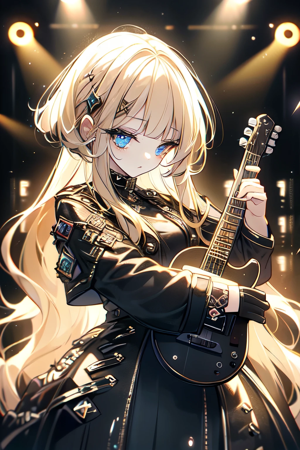 High quality images、masterpiece、4K.Illumination、Reality、Blonde bob long hair、Punk style leather jacket、Long Skirt、Playing electric guitar、Big eyes、Ugly eyeshadow、On stage in the spotlight