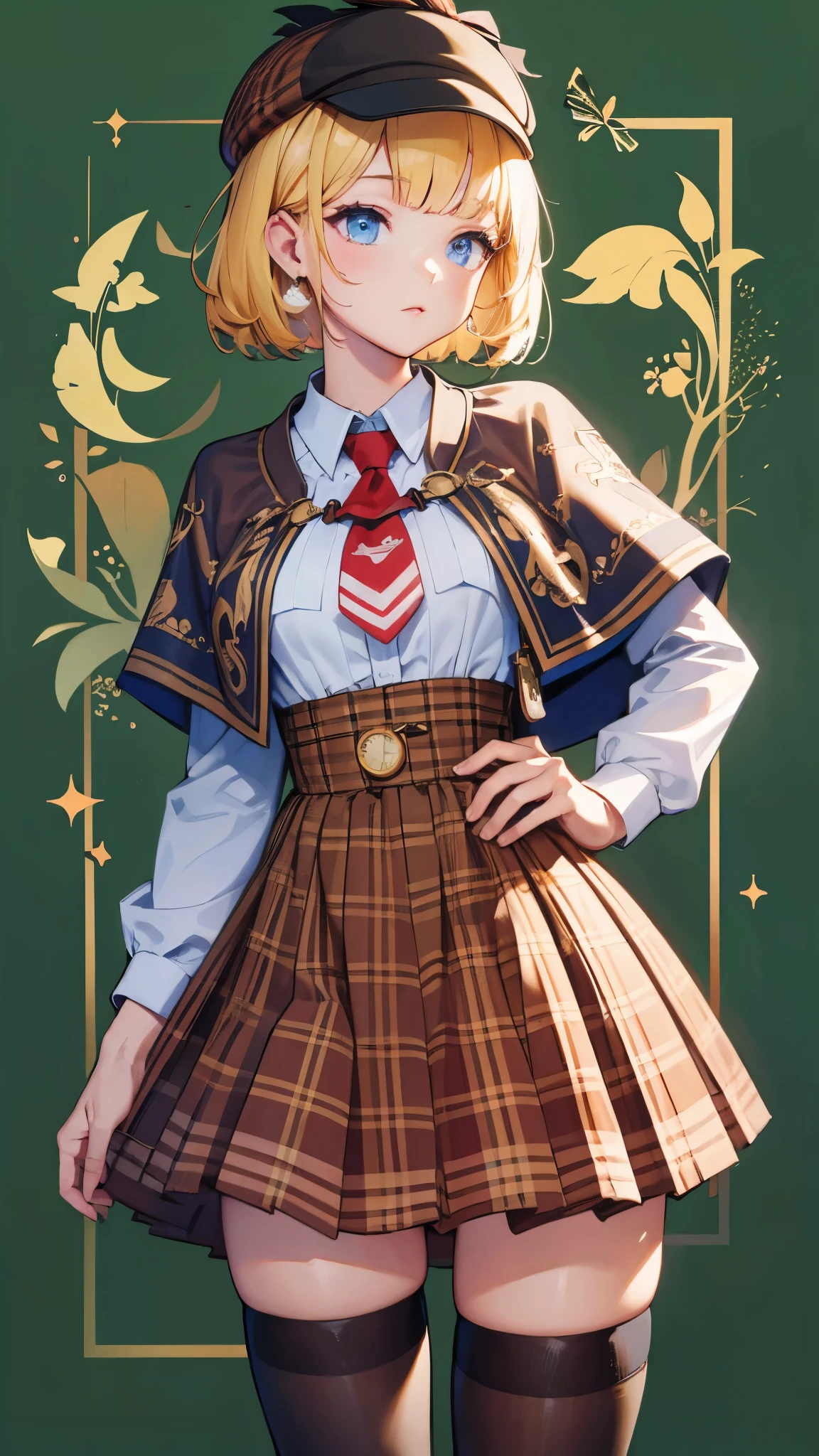 best picture quality, 8K, high quality, masterpiece:1.2), ((masterpiece)), (high detail, high quality, best picture quality), Portrait, (cute illustration:1.2), (perfectly balanced anatomy), Amelia Watson, amelia_detective, collared shirt, red necktie, plaid skirt, thighhighs, (detective accessories:0) deerstalker, brown capelet, pocket watch, stethoscope, syringe (pure green background: 1.2)