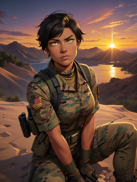 (26 year old:1.3), (tanned bronze skin:1.4), (Yellow colored eyes:1.4), (Short Black Hair:1.3), (Wearing: USA marine corps uniform, camouflage military uniform, armor and gloves), army girl, soldier girl, infantry girl, (sunset :1.2),(Sitting with hands holding a rifle:1), (Calm expression), looking at viewer, color connection, colorized, vibrant color scheme, colorful, spot color, cinematography, hyperdetailed, beautiful face, 4k, HD, artstation trending on artstation,
