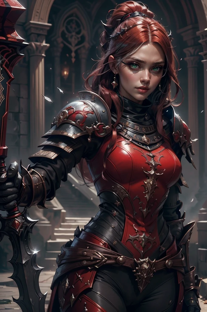 a close up of a woman in a costume with a sword, redhead queen in heavy red armor, a very beautiful berserker woman, female redhead templar, dungeons and dragons character, barbarian woman, north female warrior, shallan davar, very beautiful female barbarian, north adult female warrior, portrait of a barbarian woman, barbarian warrior woman, d & d fantasy character,cereza, 1girl, solo, glasses, blue eyes, gloves, ribbon, (bodysuit:1.2), (face focus:1.5), feathers, mole under mouth, future city background, (realistic:1.2), (realism), (masterpiece:1.2), (best quality), (ultra detailed), (8k), (intricate), (85mm), light particles, lighting, (highly detailed:1.2), (detailed face:1.2), (gradients), sfw, colorful, (detailed eyes:1.5), (detailed background), (rule of third_composition:1.3), (Line of action:1.2), beautiful face, highly detailed face, highly detailed skin, skin pores, subsurface scattering, (realistic), full face blush, full lips, detailed background, depth of field, volumetric lighting, sharp focus, absurdres, realistic proportions, good anatomy, (realistic, hyperrealistic:1.4), 16k hdr,"Describe the facade of a woman who presents herself as malevolent but harbors hidden vulnerabilities. What lies beneath the mask of evil, and is redemption possible? big green eyes red and black outfit,
